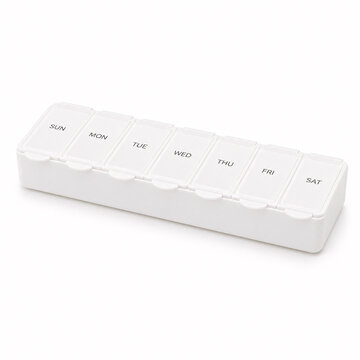 Weekly Medicine Organizer: A clean, white pillbox with seven compartments, each labeled with a day of the week from Sunday to Saturday, designed for organized medication management.