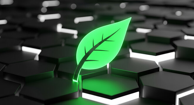Glowing Green Leaf Symbol Standing on Dark Hexagonal Technology Surface