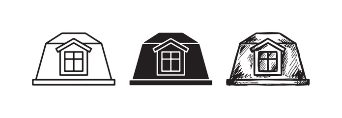 Attic Window and Dormer Icon Set: Outline, Solid, and Hand-Drawn Sketch of a House Roof Element with Window © Ірина Гринюк