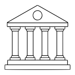 Obraz premium A minimalist black line vector icon illustrating a classical columned building structure representing a bank, museum, or government institution with a triangular pediment and four pillars on a base.