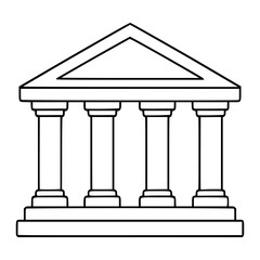 Obraz premium A minimalist black vector icon illustration of a classical columned building resembling a bank or museum with a triangular pediment and four pillars standing on a solid base structure element.