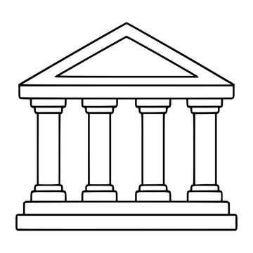 A minimalist black vector icon illustration of a classical columned building resembling a bank or museum with a triangular pediment and four pillars standing on a solid base structure element.
