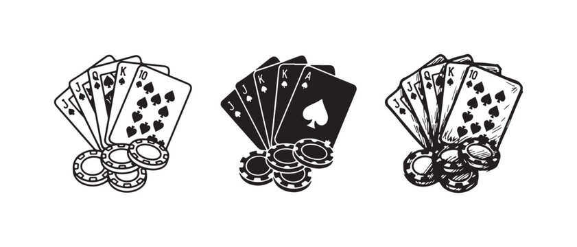Poker Royal Flush Hand with Playing Cards and Stack of Casino Chips in Three Hand-Drawn Styles