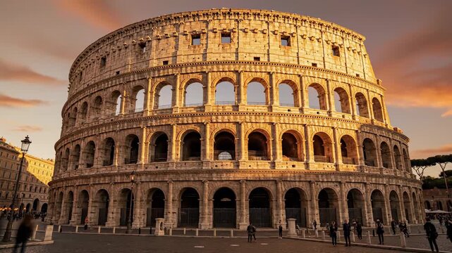 The ancient Roman Colosseum stands prominently under a golden sunset sky as visitors walk through the historic paths surrounding this magnificent architectural marvel located in the heart