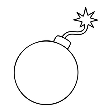 Bomb with burning fuse vector icon in minimalist line art style. Hand-drawn outline illustration of explosive device with star burst spark for danger warning and emergency symbol. Graphic design.