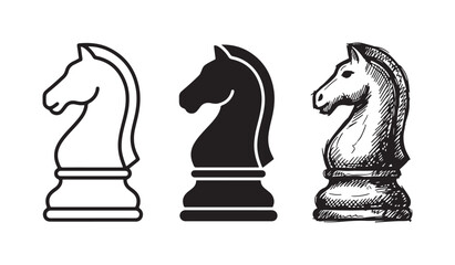 Three distinct styles of chess knight icons: a minimalist outline, a strong solid silhouette, and an expressive hand-drawn sketch. © Ірина Гринюк