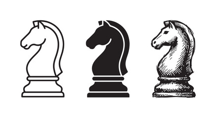 Set of chess knight icons in three stylistic variations: a bold outline, a striking solid, and a vintage hand-drawn sketch. © Ірина Гринюк