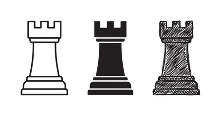 Chess rook piece displayed in three distinct styles: a clean outline, a solid black silhouette, and a detailed hand-drawn sketch. © Ірина Гринюк