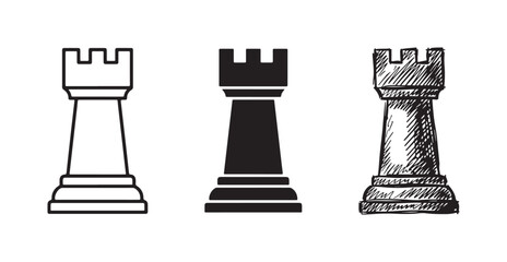 Three different artistic renderings of a chess rook: a simple contour, a filled black shape, and an intricate sketch. © Ірина Гринюк