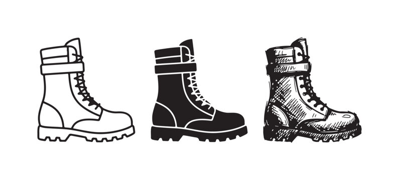 Lace-up combat boot with top strap illustration set, featuring outline, solid black, and hand-drawn sketch styles.