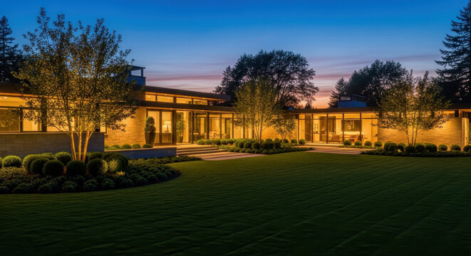 Serene Modern Residence Lit by Soft Golden Light of Dusk on a Summer Evening in a Lush Green