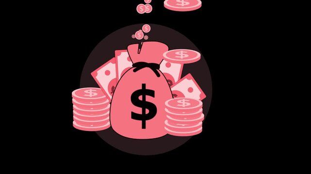 Money bag with dollar sign cash bills and coin stacks animation