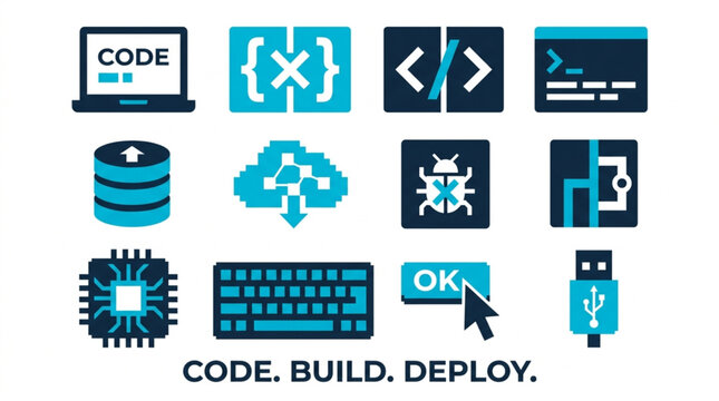 Code build deploy software development icons