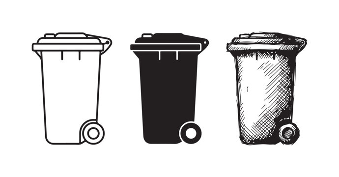 Waste Bin Icons Set with Domed Top and Wheel: Outline, Solid, and Hand-Drawn Styles for Trash and Recycling Management