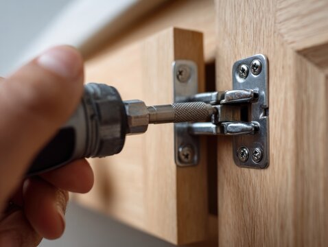 Hand holding screwdriver tightening cabinet hinge