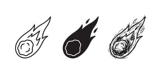 Set of three meteor icons, each with a trailing flame, offered in distinct outline, solid black, and detailed hand-drawn artistic styles. © Ірина Гринюк