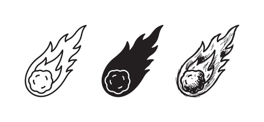 Three meteor or comet icons with fiery tails, presented in outline, solid black, and hand-drawn sketch styles, depicting space objects. © Ірина Гринюк