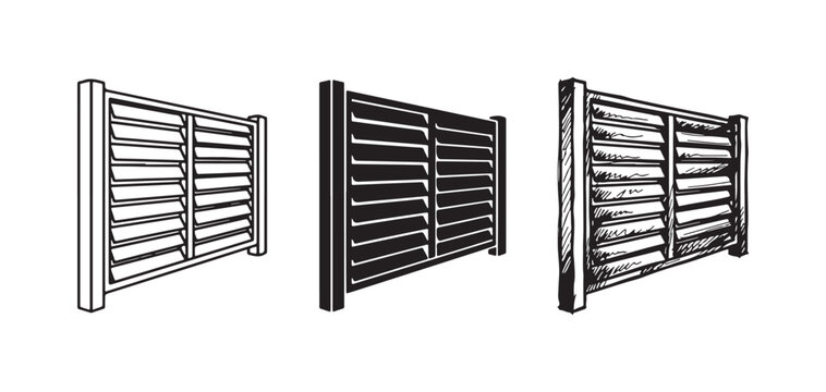 Set of three slatted fence or louver panel icons in a dynamic perspective, featuring outline, solid fill, and detailed hand-drawn looks.