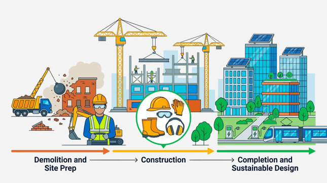 Construction lifecycle infographic illustrating demolition, building phases, and sustainable urban completion with green energy features.