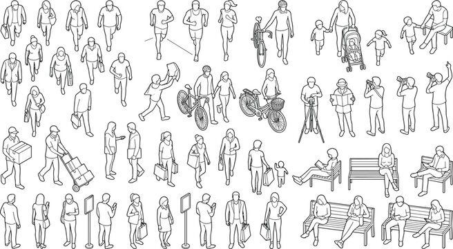 Collection of isometric people silhouettes walking, sitting, and exercising for architectural and urban design projects