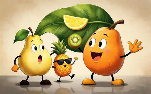 Funny cartoon fruits dancing under leaves, pineapple in sunglasses.