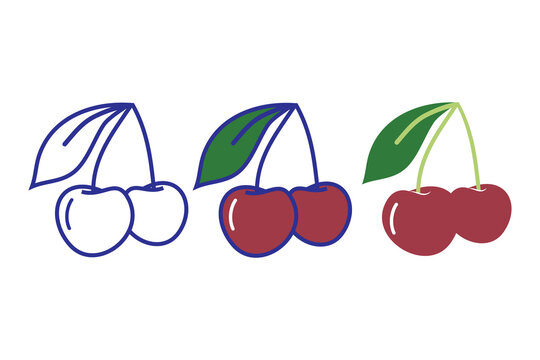 Cute Cherry Fruit Icon Set with Outline Line Art and Flat Color Variations