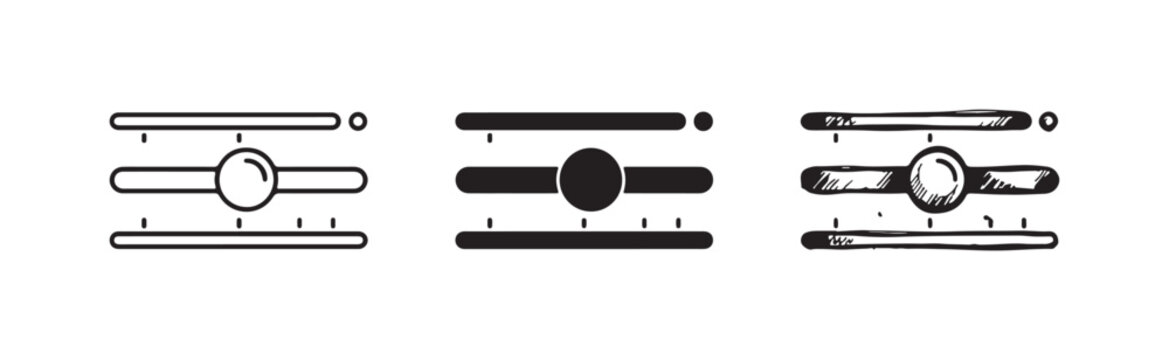 Three horizontal fader controls icon, with the middle one highlighted, shown in outline, solid, and hand-drawn styles.