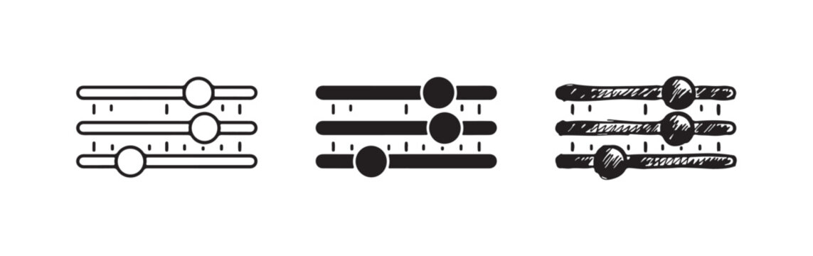 Set of three horizontal fader or equalizer control icons in outline, solid fill, and detailed hand-drawn styles, for audio or settings.