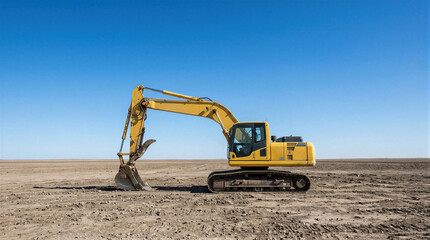 Yellow excavator standing on flat dusty field against blue sky. Heavy construction machinery for earthmoving and digging. Equipment for industrial site preparation and land development. © Dinar