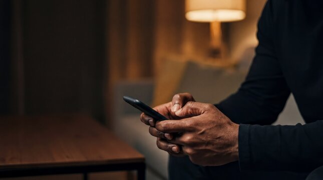 Black Male Hands Tightly Gripping Smartphone in Dim Apartment &ndash; Modern Digital Communication