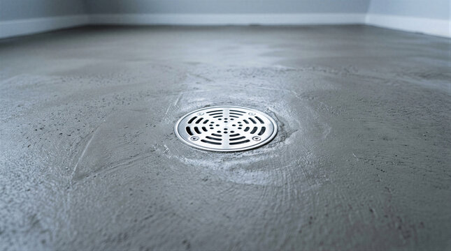 Metal floor drain installed in a fresh wet cement floor. Construction site interior with gray concrete screed. Industrial plumbing and drainage system installation in a new building.