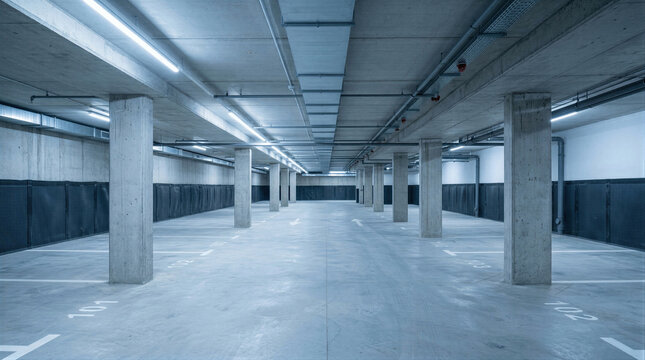 Empty underground parking garage with concrete columns and bright led lighting. Modern subterranean vehicle storage facility with marked spaces for urban transport or city infrastructure.
