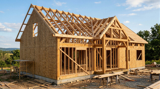 Wood frame house construction against blue sky. Residential building under development by carpenter team. New home structure with timber beams and oriented strand board wall sheathing.