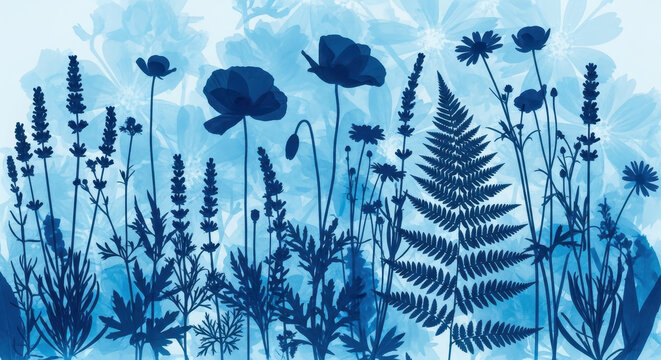 A calming blue monochrome watercolor painting of a field of wildflowers on a clear day in the late