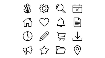 Fototapeta premium Modern Minimalist Black and White Line Icons Set Featuring 16 Simple Illustrations for Web Design Apps and Presentations