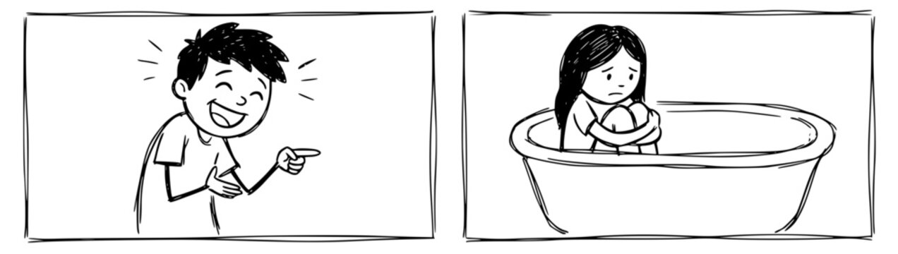 A cheerful boy points and laughs at a sad girl who sits in the bathtub, highlighting contrasting emotions of joy and sorrow in a playful yet reflective moment.
