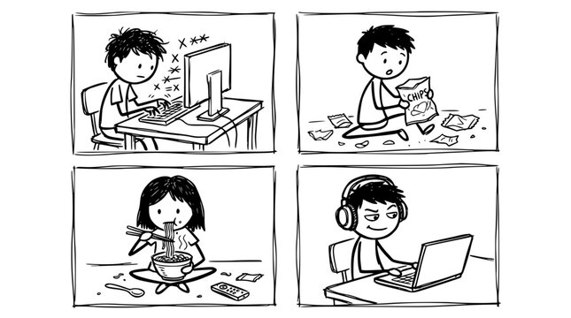 A boy immersed in his digital world, surrounded by snack debris, portraying the balance of technology, leisure, and youthful curiosity in a humorous, playful manner.