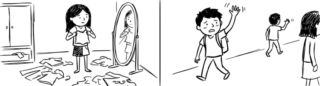 A child stands in front of a mirror, gazing thoughtfully at their reflection while surrounded by messy clothes on the floor, showcasing a moment of self-reflection and decision-making.