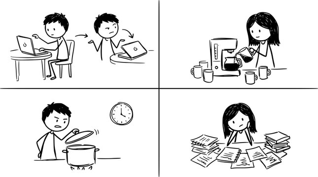 A student manages their busy day sitting alongside a coffee pot, surrounded by books and screens, a reflection of modern life filled with distractions and responsibilities.