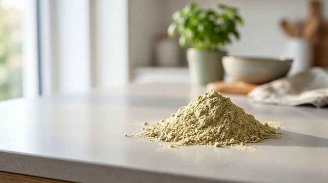 Pumpkin Seed Protein Powder Piled Neatly on Minimalist Counter for Healthy Nutrition