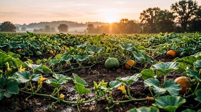 Lush Pumpkin Field Flourishing at Dawn for Natural Health Promotion