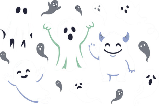 Cute halloween ghosts collection with spooky and funny expressions cute white characters and little phantoms isolated on white background vector illustration