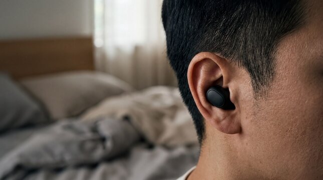 Comfortable Sleep with Innovative Earbuds: Asian Male Resting in Minimalist Bedroom