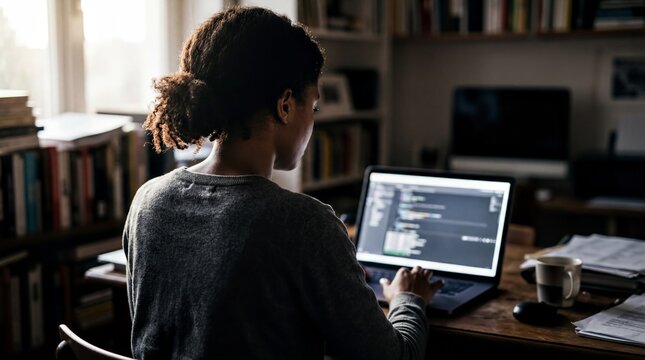 Cybersecurity Focus: Black Woman Engaged with Laptop in Backlit Home Office