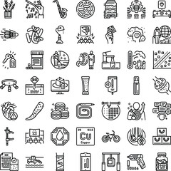 Fototapeta premium Diverse collection of minimal black line icons representing various concepts across science, medicine, technology, daily life, industry, and education, ideal for interface design and infographics