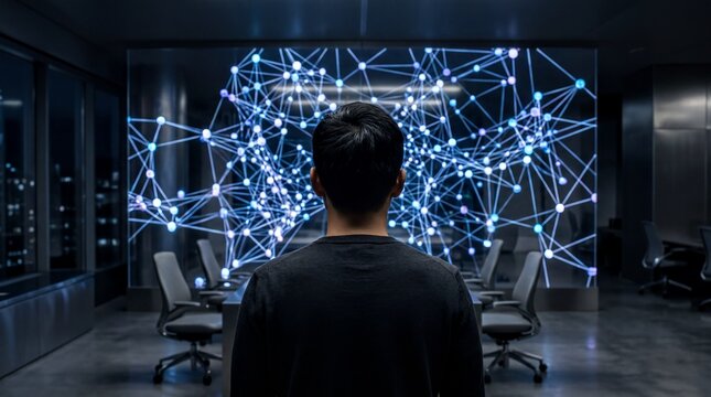 Asian Man Observing Futuristic Blockchain Network Display for Web3 Tech Vision