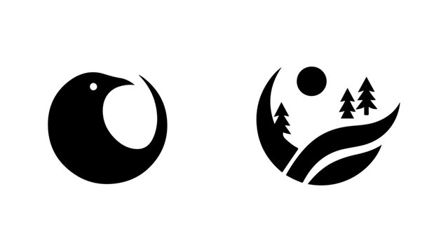 Minimalist crescent moon and flying bird logo design. Elegant night sky emblem with pine trees and circular silhouette for branding.