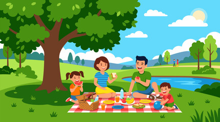 Fototapeta premium Happy family picnic under a shady leafy tree by a blue lake, sunny park vector with parents and children sharing fruit, sandwiches, ball, blanket, basket and rolling green countryside