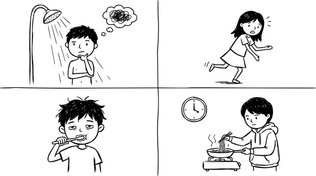 A series of comic-style illustrations depicting everyday challenges, emotions, and activities that young people face throughout their day, from morning to night.