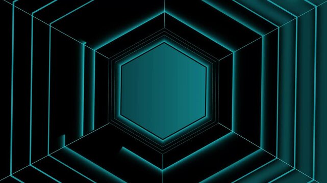 Abstract neon hexagon tunnel with layered glowing outlines converging animation